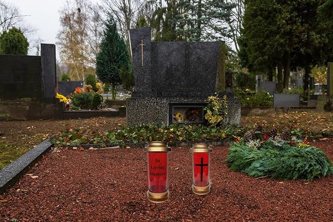 Gold Metal & Red Acrylic Outdoor Solar Candle Holders, Decorative Candle Lanterns with Long Ground Stake, Fall Solar Lights Outdoor Cemetery Lights for Grave, Grave Decorations for Cemetery