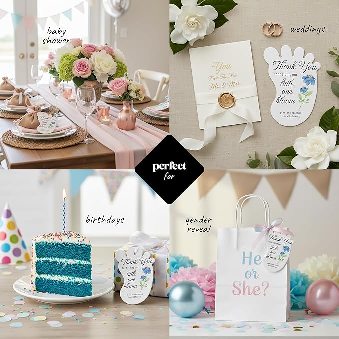 Baby Footprint Seed Paper – 24 pcs Blue Baby Shower Favors for Guests with Wildflower Seeds, Writable & Plantable, Gender Reveal, Birthday Gifts for Guest