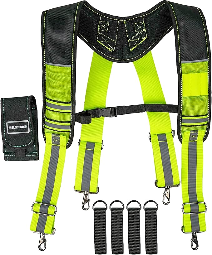 MELOTOUGH Reflective Safety Suspenders Tool Belt Suspenders Construction Work Suspenders with detachable phone holder comfortable foam shoulder padder (Lime)