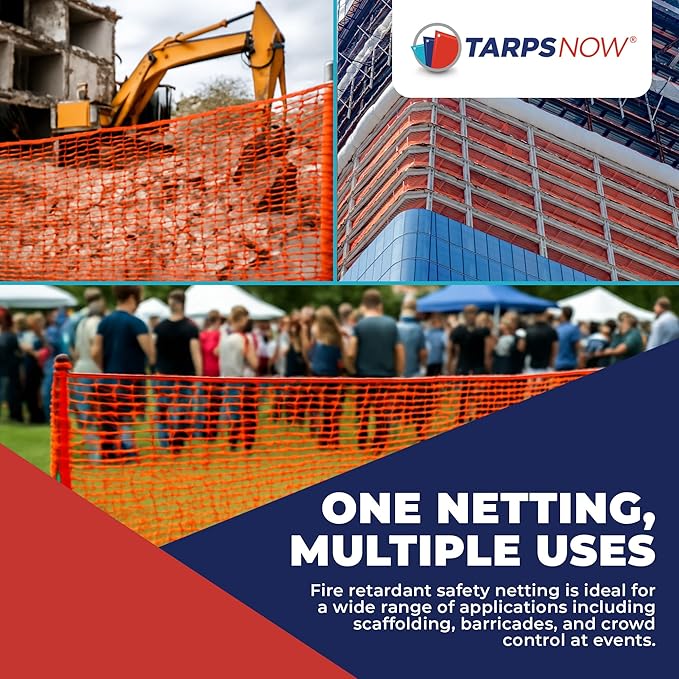 Tarps Now 4' x 150' Orange Safety Netting Roll - Heavy Duty Fire Retardant Safety Nets with 1/4" Openings for Security & Construction Debris Netting, Temporary Mesh Fence, Job Site Net Enclosure