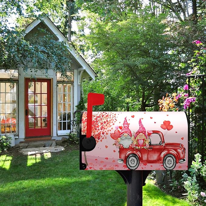 Valentine’s Day Mailbox Cover 18x21 Inch Magnetic Pink Gnomes in Red Truck with Heart Balloons and Love Tree Romantic Mailbox Wrap for Outdoor Yard Decor Waterproof Durable Mailbox Covers