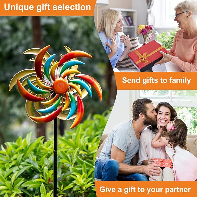 360° Wind Spinners Outdoor with Solar Lights Colored Leaves Garden Decor Yard Lawn Art Decor for Patio Kinetic Windmills 60.63'' H x 13.38'' Dia Unique Gifts for Friends and Family