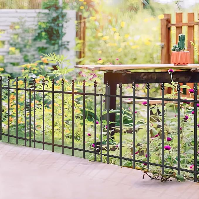 Decorative Metal Garden Fence 24 in H x 10 ft L, Border Fence Panels Animal Barrier for Dogs, No Dig Garden Fencing for Yard Patio Flower Bed Lawn Outdoor 5 Panels + 6 Stakes Black