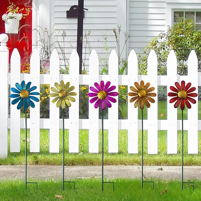 5pcs Wind Spinners Metal Colorful Flowers Garden Stake, Small Daisy Pinwheels, 27" Windmill for Yard Decor, Lawn Ornaments Outdoor Garden Décor, Metal Yard Art, Christmas Decoration Gift