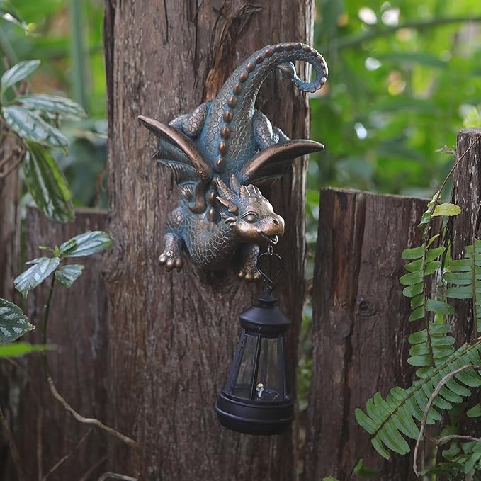 Garden Dragon Statue with Solar Light Outdoor Garden Decor for Outside Porch Patio Wall Tree Fence, Whimsical Yard Art Tree Hugger Decorations Figurine, Housewarming Gifts for Women Men Dragon Lovers