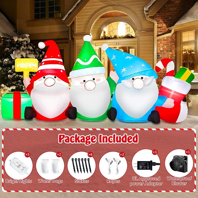 6 FT Long Christmas Inflatable Outdoor Decoration Gnomes with Gift Box & Socks, Funny Merry Xmas Figures Winter Blow Up Yard Decorations Plug in LED Light Up Vacation Outside Front Lawn Garden Decor
