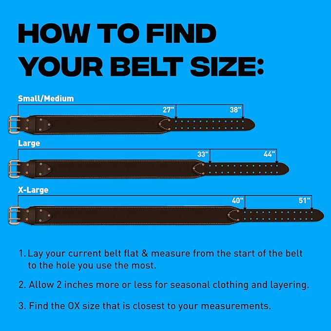 OX Pro Small/Medium 3" Wide Full Grain Leather Tool Belt with Double Stitched Construction Belt with Rivets - 27" to 38" Belt Length - OX-P263301
