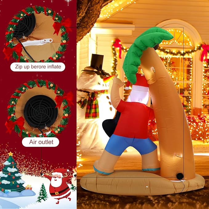7FT Santa Claus Playing Guitar Under Coconut Tree Christmas Inflatable Decoration with LED Lights, Suitable for Holiday Celebration Decorations on Yards, Lawns and Patios