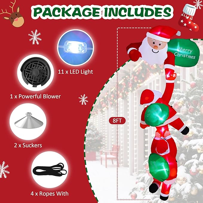 8FT Giant Christmas Santa Claus Inflatables Outdoor Decorations Blow Up Cute Christmas Decor Built-in LED Xmas Yard Outside Indoor Party Lawn Garden Porch Lawn Holiday (8FT Santa Claus)