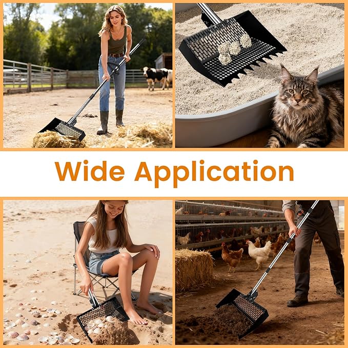Chicken Poop Scooper for Chicken Coop 304 Stainless Steel Adjustable Angle Durable Sand Sifting Litter Shovel for Farm Animals Cleaning Tools (Black)