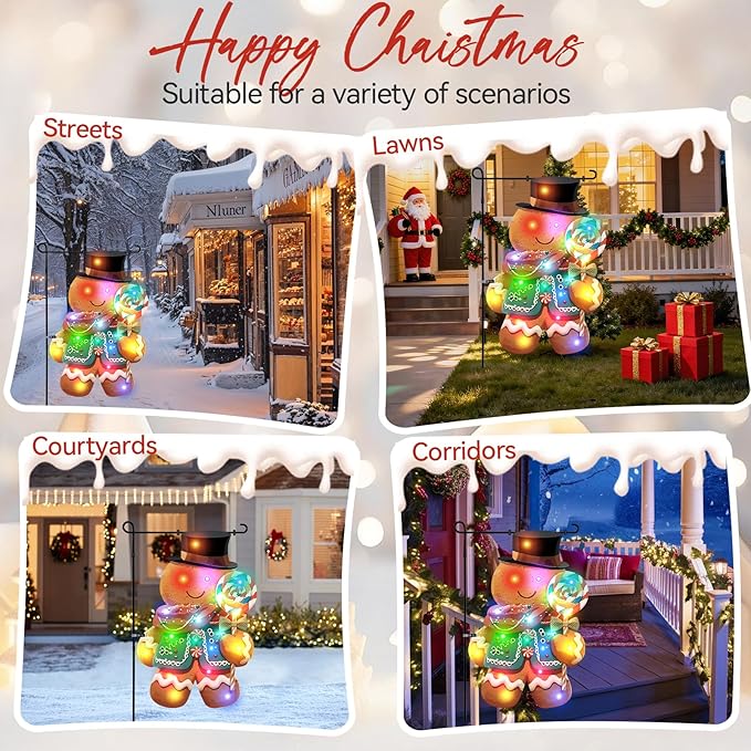 Lighted Christmas Garden Flag - 18x13-inch Waterproof Outdoor Gingerbread Man Christmas Decoration with 24 Glow-in-The-Dark LED in 8 Patterns, Perfect for Yard, Porch, and Lawn Decorations