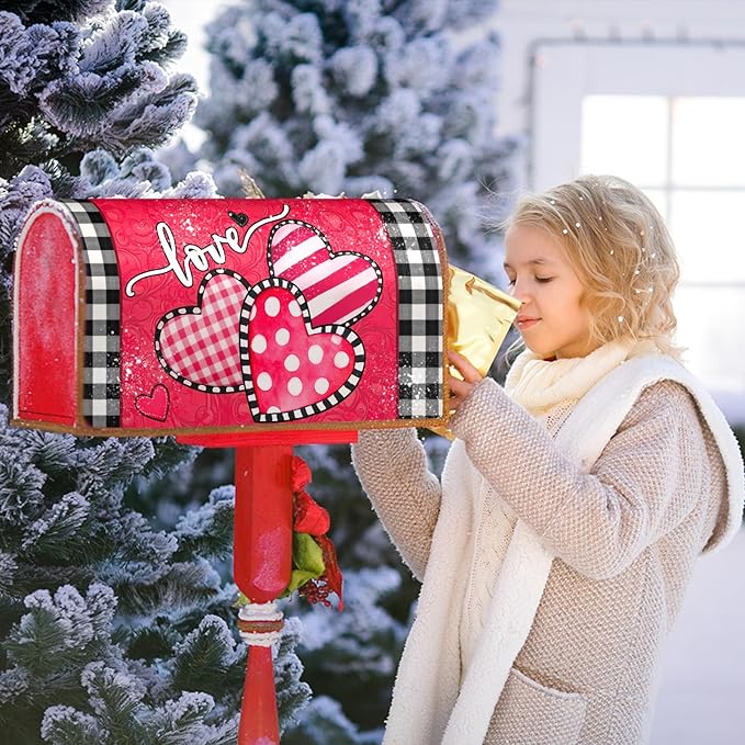 Valentine's Day Mailbox Covers Magnetic Standard Size 21 X 25.5 Inch Red Pink Love Hearts Magnetic Mailbox Cover Valentine Mailbox Wraps Post Box Cover Decoration Outdoor Garden Home Yard Outside