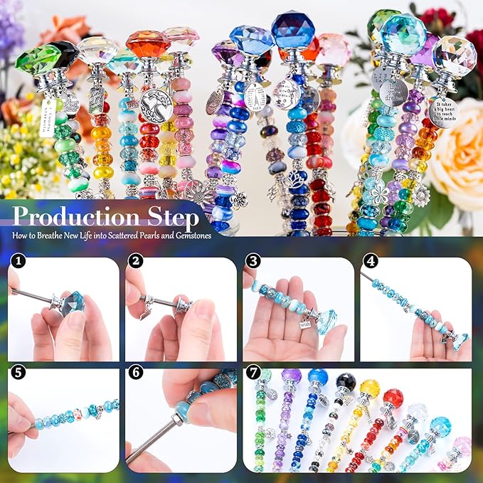 513pcs DIY Beaded Garden Stakes, DIY Fairy Wand Garden Stake Decorative Kit with Plants and Motivational Pendant, 12 in Rod, Crystal Top, Large Holes Bead for Holidays Outdoor&Indoor Decorative