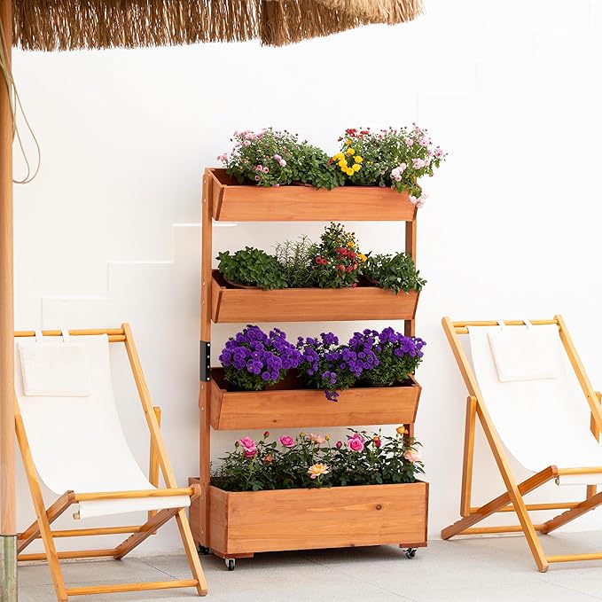 Wooden Elevated Garden Bed, Vertical 4-Storey Wooden Flowerpot Box with Wheels, Adjustable Flowerpot Box, Suitable for Outdoor and Indoor Balconies, Vanilla Garden Gardening Vegetables