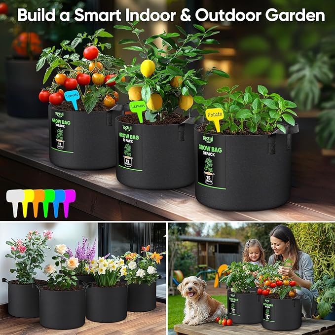 10 Gallon 10-Pack Plant Grow Bags: 350G Thickened Nonwoven Potatoes Grow Bags with Handles, Black Aeration Fabric Flowers Pots Felt Planter Garden Bags for Growing Vegetables Fruits Tomatoes Herbs