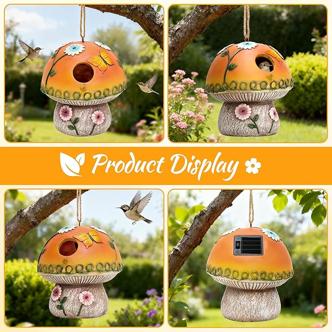 Solar Birdhouse for Outdoor Hanging, Mushroom Bird House with Lights Outside, Resin Garden Statue Decorative Nesting Box for Chick Blue Bird Hummingbird Woman Gifts for Yard Patio