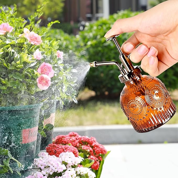 Glass Plant Mister Spray Bottle, Vintage Plant Spritzer, Succulent Watering Bottle Glass with Top Pump, Small Plants Sprayer Watering Can for Indoor Outdoor House - Brown