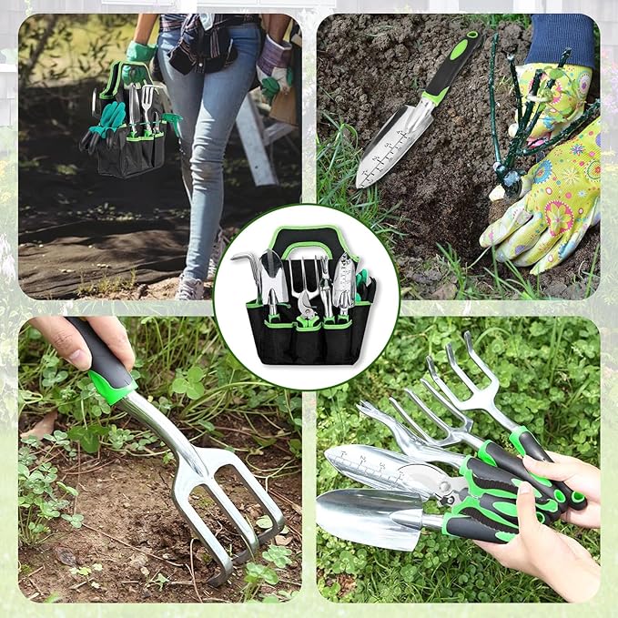 Heavy Duty Gardening Set, Featuring 9 Piece Durable Tools with Comfortable Non Slip Ergonomic Rubber Grips and A Large Tool Bag Perfect as A Family Gardening Helper