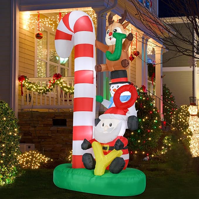 Christmas Inflatables Christmas Blow Up Yard Decorations Christmas Inflatable Candy Cane Santa Clause Snowman Reindeer Holding Joy LED Lighted Up Yard Lawn Garden Home Party Decor