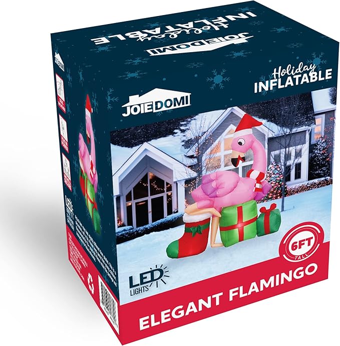 Joiedomi 6 FT Christmas Flamingo with Gift Box Inflatable Decorations with Build-in LEDs Blow Up Elegant Flamingo Inflatables for Xmas Party Indoor, Outdoor, Yard, Garden, Lawn Décor, Holiday Season