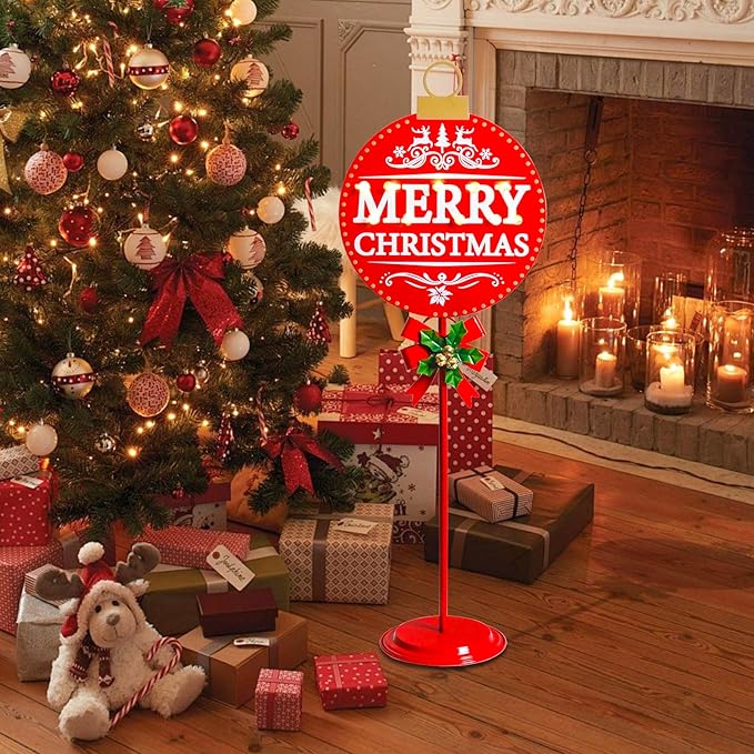 Vigdur Merry Christmas Sign - 34" Lighted Metal Holiday Ball Decoration Battery Operated with Timer, Christmas Yard Decorations for Indoor Outdoor Yard Lawn Party Holiday Décor