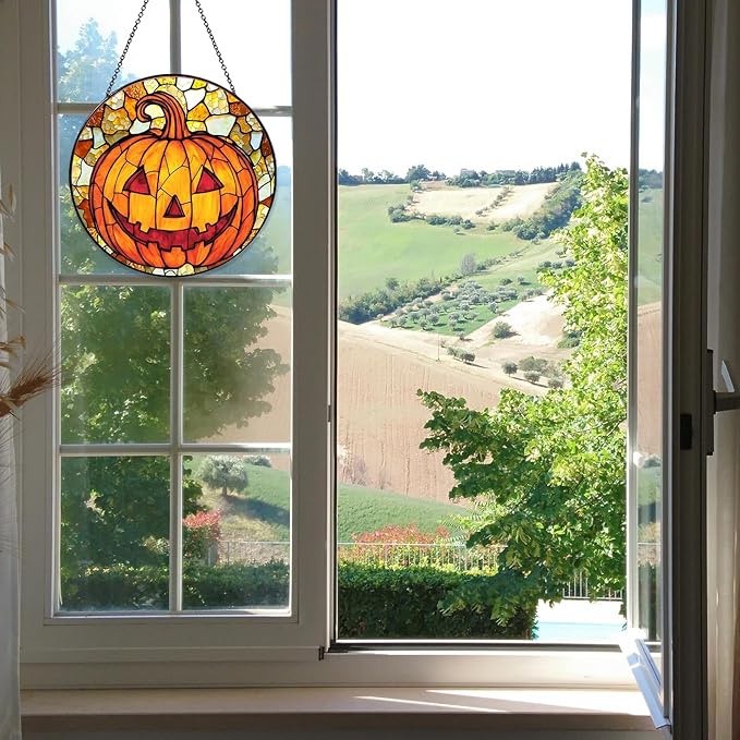 Pumpkin Stained Glass Window Hanging Horror Sun Catcher Decor Halloween Suncatchers for Garden Home Windows Hanging Decoration, 7.87inch