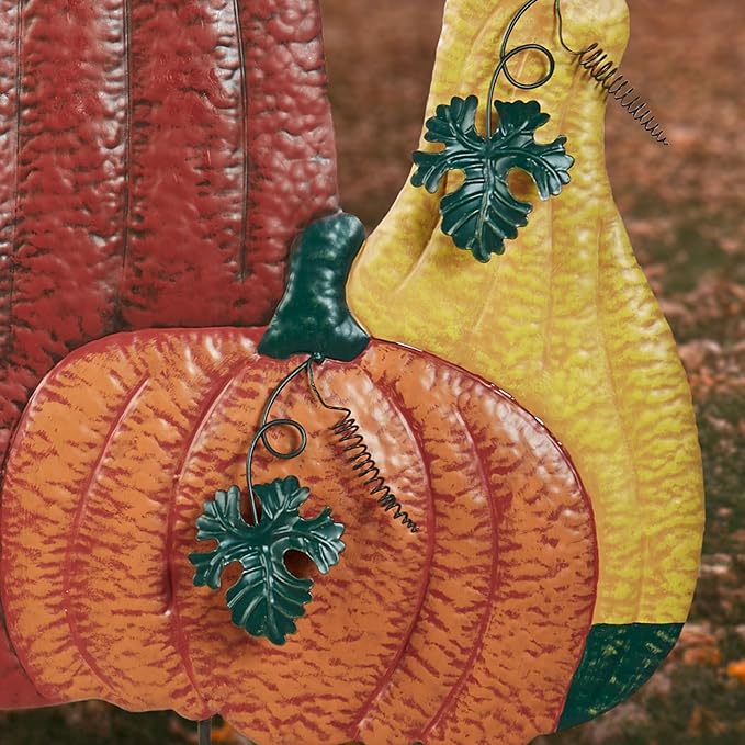 Touch of Class Fall Harvest Pumpkin Yard Stake | Handpainted Metal Outdoor Decoration | Textured Pumpkins, Gourd, Leaves, and Vines | 37" H Autumn Garden and Porch Patio Seasonal Decor