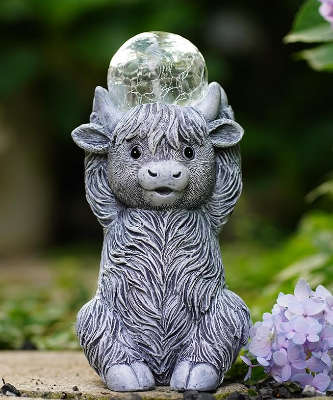 Nacome Solar Highland Cow Garden Decor - Outdoor Statues with Bubble Ball Balcony Lown Patio Porch Sculptures Front Yard Art for Outside - Birthday Gifts for Mom Grandma Women(Grey)