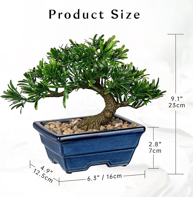 Artificial Bonsai Tree Faux Plants Indoor Small Fake Plants Decor with Blue Ceramic Pots for Home Table Office Desk Bathroom Shelf Bedroom Living Room Farmhouse Decorations