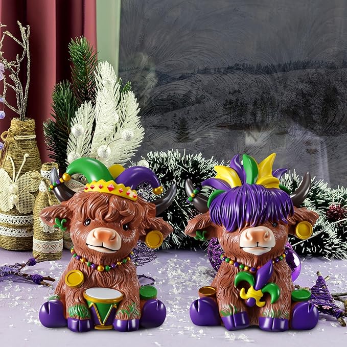Karenhi 2 Pcs Highland Cow Figurines Mardi Gras Feathers Mask Drum Beads Highland Cow Gnomes Scottish Resin Statue Calf Lovers Gifts for Carnival Home Garden Kitchen Office Tiered Tray Table Decor