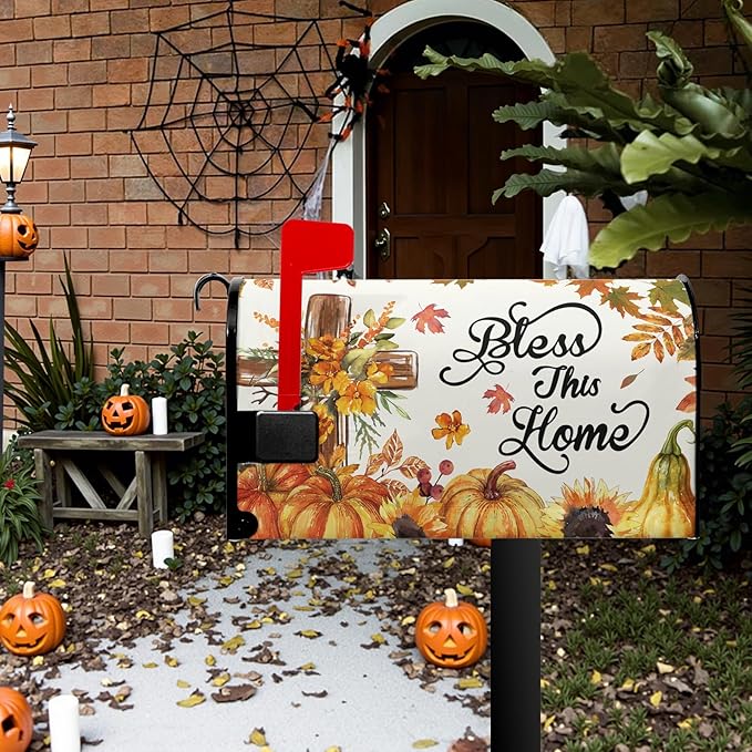 Bless This Home Large Mailbox Covers Magnetic Oversized Thanksgiving Pumpkin Mailbox Cover 25.5x21 inch Fall Mail Box Wrap for Outside Garden