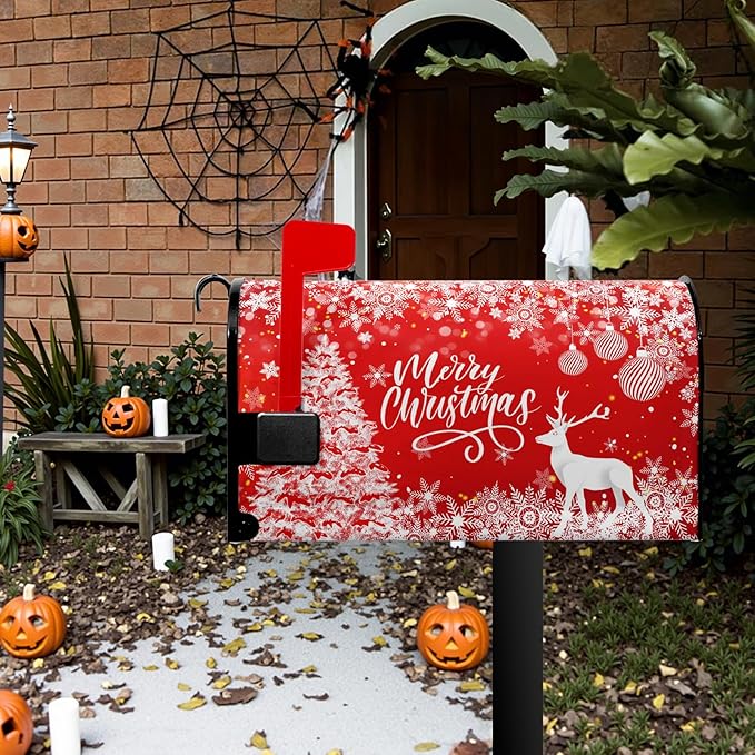 Merry Christmas Mailbox Covers Magnetic Large Size 25.5 x 21 Winter Deer Snowflake Oversized Mailbox Cover Xmas Tree Post Letter Box Cover for Outside Garden Yard Red