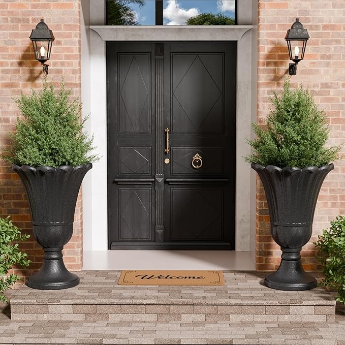 23.6" Tall Plastic Urn Planters for Outdoor Plants, Set of 2 Heavy-Duty Classic Indoor Large Flower Pots with Drainage Holes & Petal Design, Outdoor Planters for Porch, Home Garden, Black