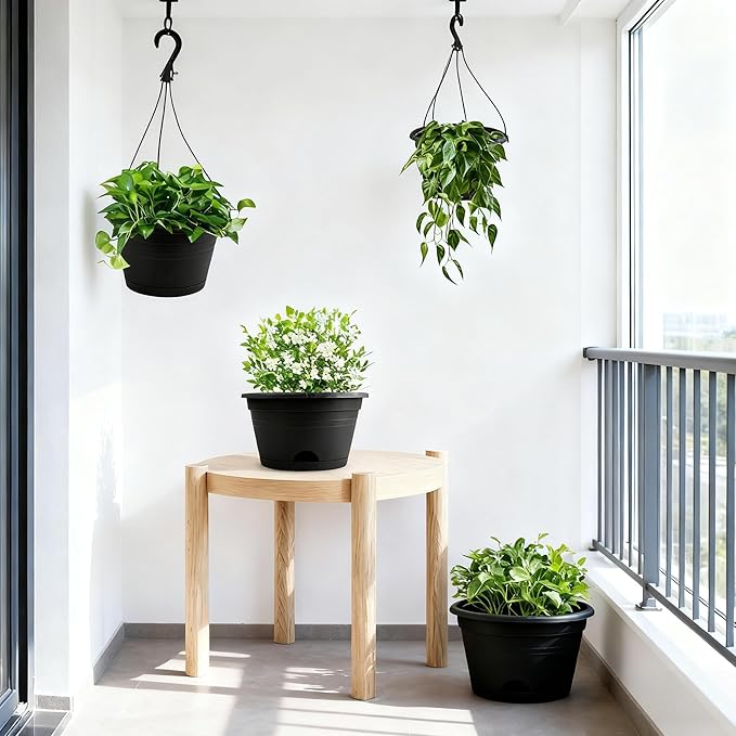 10 Inch Hanging Plant Pots with Removable Chain & Drainage Trays, 4 Pack Hanging Planters for Indoor & Outdoor Plants, Lightweight Plastic Flower Pots for Home Garden Decor (Black)