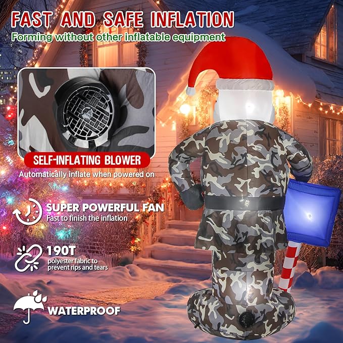 Christmas Inflatable Outdoor Decoration, 7FT Inflatables Camouflage Santa Claus Yard Decor with Hat & Sign, LED Light Blow up Giant Holiday Decoration for Indoor Outside Lawn Garden Soldier Army Gift