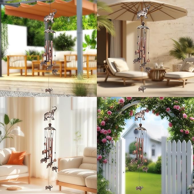 Copper Tone Animal Wind Chimes for Outdoors/Indoors - Elephant Designs - Garden, Patio, Yard, Home Decor, for Women, Men, Mom, Birthday, Memorial, Housewarming (Elephant)