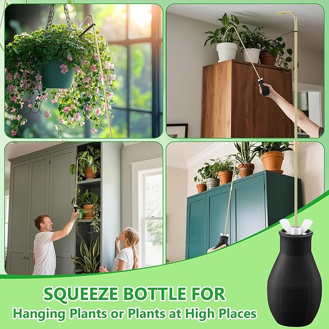 Dreyoo Squeeze Bottle for Hanging Plants, 19" Long Spout Plant Watering Bottle, Easy Squeeze Indoor/Outdoor Watering Can Alternative, Precise Sprinkling for Hanging Baskets, Houseplants, 8oz (Black)