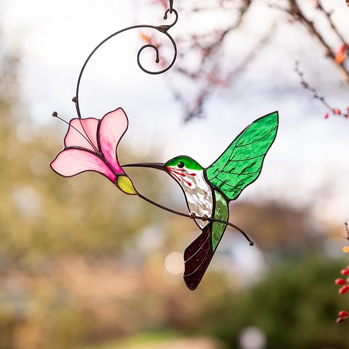 Multicolor Hummingbird Handmade Stained Glass Suncatcher Genuine Stained Glass Window Hangings Unique Indoor Ornament & Outdoor Decor (Green Hummingbird)