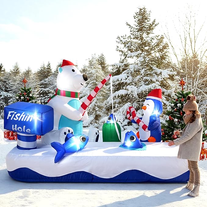 7FT Giant Inflatable Christmas Decor,Cute Polar Bear Fishing with Penguin, Holiday Party Decor,Outdoor Blow Up Yard Decoration with Built-in LED Lights for Xmas, Garden, Lawn