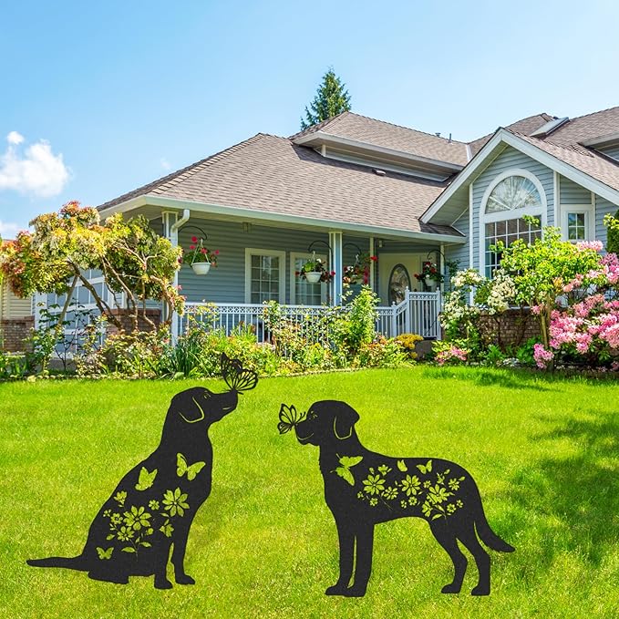 Dog Metal Garden Stakes - Animals Stake Garden Decor 2 Pcs Black Dogs Silhouette Statues Butterfly Gifts for Yard Art Decorations Dog Lovers Gift Patio Lawn Garden Decorations Outdoor Decor