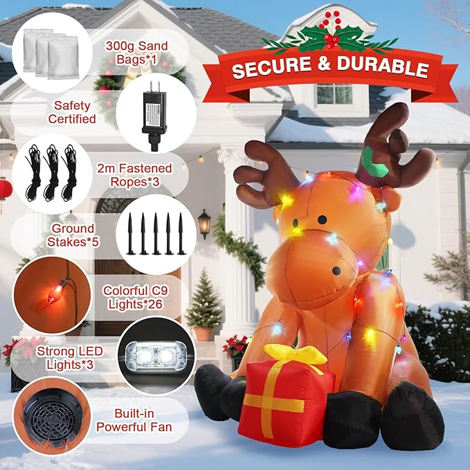 Christmas Inflatable Outdoor Decorations, 8 FT Giant Inflatables Reindeer Yard Decor with Colorful String Lights, Blow up LED Lights Holiday Decorations for Indoor Outside Lawn Garden