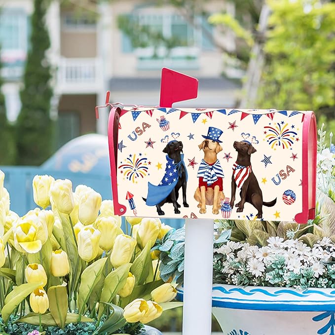 21"x18" Patriotic Dogs Mailbox Cover Magnetic 4th of July Puppy Waterproof Mailbox Wrap Independence Day USA Stars Letter Post Cover Standard Size for Garden Yard Outdoor Decor