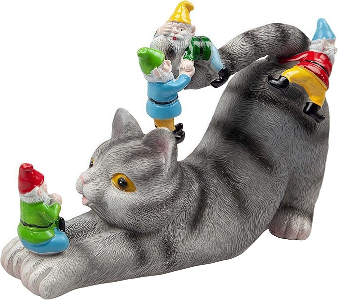 Adorable Cat with Gnomes Garden Statue, Hand-Painted Resin Outdoor Decor for Patio & Lawn, Unique Gift for Cat Lovers & Mothers, Weatherproof Yard Ornament