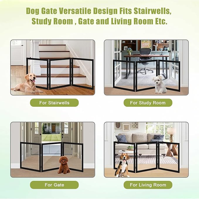 LZRS Clear Dog Gate for Indoor Use - Transparent Pet Fence with Solid Hardwood and Plastic Board, Stylish & Durable freestanding Pet Gate for Doorways, Stairs and Hallways-3 Panel Black