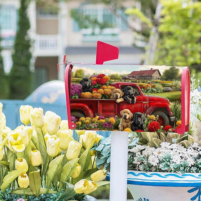 21"x18" Spring Truck Dogs Magnetic Mailbox Cover Summer Floral Puppy Decorative Mailbox Wrap Post Cover Waterproof Standard Size for Garden Yard Outdoor Outside Patio Farmhouse