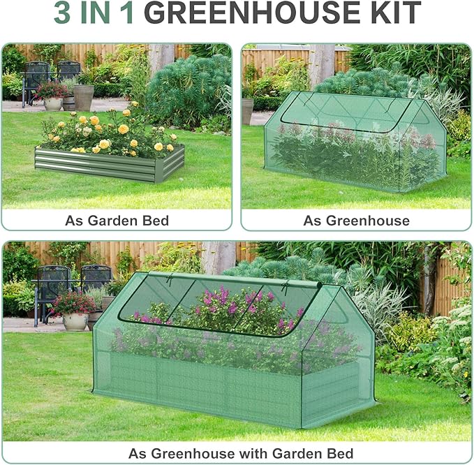 Aoodor 6ft. x 3ft. x 1ft. Raised Garden Metal Bed Mini Greenhouse Kit with 2 Roll-up Zipper Doors, for Vegetables Herbs and Flowers