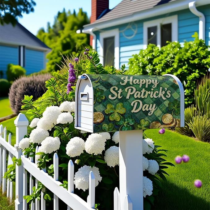 St. Patrick's Day Mailbox Covers Magnetic Standard Size Green Plaid Shamrock Coin Print Saint Patricks Holiday Outdoor Spring Decorative Letter Box Cases for Home Garden Outside Decor, 21x18 Inch