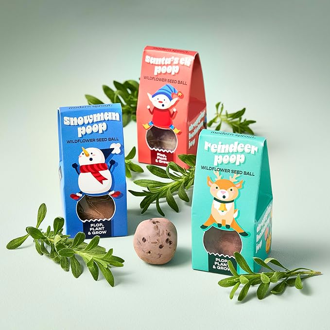 Modern Sprout Wildflower Seed Ball Poop - Christmas Gift - Non-GMO, Hand-Rolled Clay Seed Bombs with Wildflower Seeds - Plop Plant & Grow Gardening Gift Set for Kids & Adults (Jingle Plop - Pack of 3)