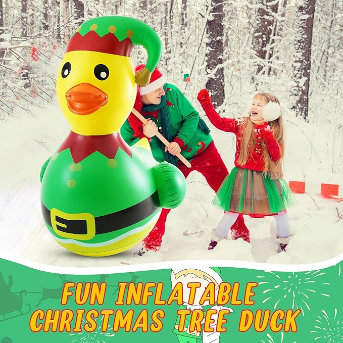 Hungdao 1 Pcs 4 Feet PVC Christmas Giant Inflatable Elf Duck Huge Rubber Large Blow up Duck Christmas Pool Floats for Xmas Holiday Indoor Outdoor Pool Decorations