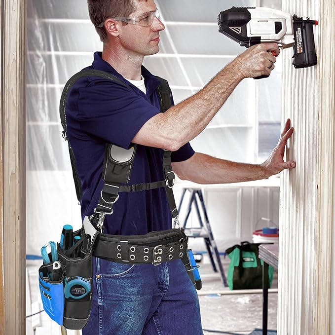 Tool Belt with Suspenders for Men, Heavy Duty Construction Tool Belt with 32 Pockets, 1680D Material, Reflective Strips for Safety, HVAC Toolbelt for Men